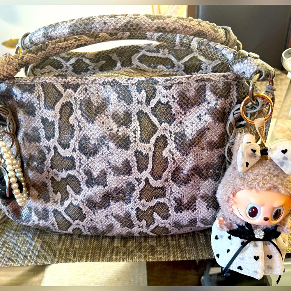 COLE HAAN Genuine Leather Snake Print Embossed Beige/Brown Satchel Shoulderbag - Picture 7 of 17
